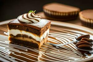 ein Stück von Schokolade Kuchen auf ein Platte. KI-generiert foto