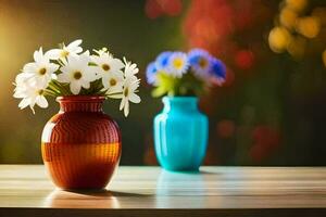 zwei Vasen mit Blumen auf ein Tisch. KI-generiert foto