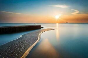 ein Mann steht auf ein Seebrücke beim Sonnenuntergang. KI-generiert foto