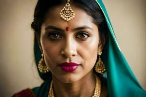ein Frau tragen ein traditionell Sari und Schmuck. KI-generiert foto