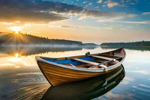 das Boot auf das See beim Sonnenuntergang. KI-generiert foto