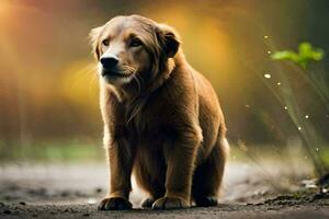 ein golden Retriever ist Sitzung auf das Boden. KI-generiert foto