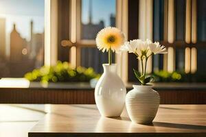 zwei Vasen mit Blumen auf ein Tabelle im Vorderseite von ein Fenster. KI-generiert foto