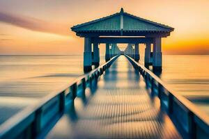 ein lange Exposition Foto von ein Seebrücke beim Sonnenuntergang. KI-generiert