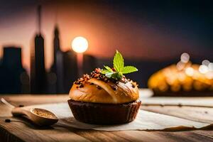 ein Dessert ist auf ein Tabelle mit ein Stadtbild im das Hintergrund. KI-generiert foto