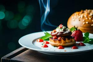 ein Teller mit Essen und ein Brötchen auf Es. KI-generiert foto