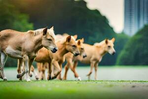 ein Gruppe von Pferde Gehen im das Gras. KI-generiert foto