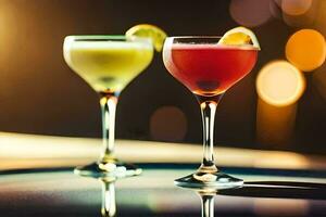 zwei Cocktails sitzen auf ein Tabelle mit ein Licht Hintergrund. KI-generiert foto