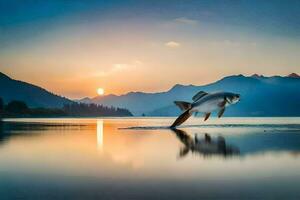 ein Fisch Springen aus von das Wasser beim Sonnenuntergang. KI-generiert foto