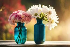 zwei Blau Vasen mit Weiß und Rosa Blumen. KI-generiert foto