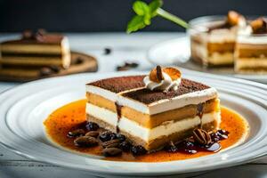 ein Stück von Kuchen auf ein Platte. KI-generiert foto