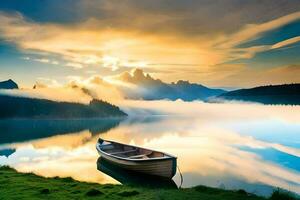 das Boot auf das See, das Himmel, Berge, Nebel, See, Natur, Natur Hintergrund. KI-generiert foto