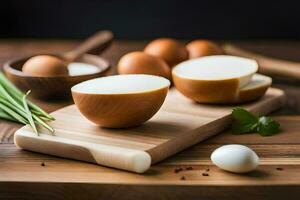 Eier auf ein Schneiden Tafel mit ein Messer und ein Schüssel von Eier. KI-generiert foto