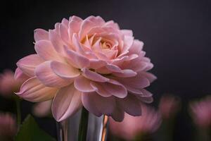 ein Rosa Blume ist im ein Vase mit etwas Rosa Blütenblätter. KI-generiert foto