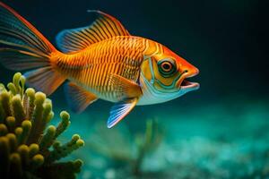 ein Orange Fisch Schwimmen im das Ozean. KI-generiert foto