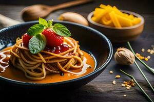 Spaghetti mit Tomate Soße und Käse auf ein hölzern Tisch. KI-generiert foto