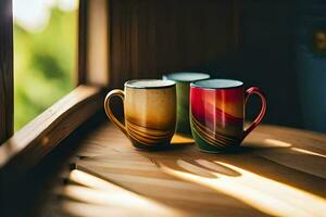 zwei Kaffee Tassen sitzen auf ein hölzern Tisch. KI-generiert foto