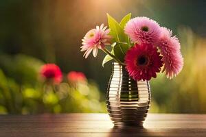 ein Vase mit Rosa Blumen auf ein Tisch. KI-generiert foto