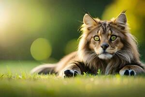 ein Katze Verlegung auf das Gras mit es ist Augen breit offen. KI-generiert foto