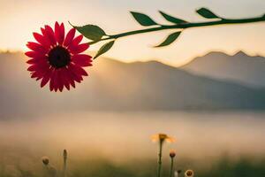 ein rot Blume ist Stehen im Vorderseite von ein Berg. KI-generiert foto