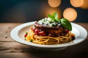 ein Teller von Spaghetti mit Fleisch und Tomate Soße. KI-generiert foto