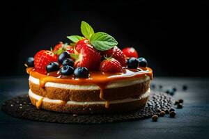 ein Kuchen mit Beeren und Sahne auf ein dunkel Hintergrund. KI-generiert foto