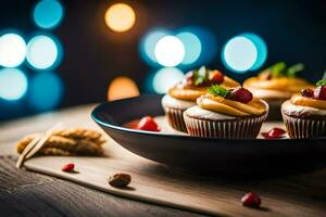 Cupcakes auf ein Teller mit Beleuchtung im das Hintergrund. KI-generiert foto