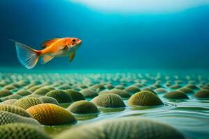 ein Fisch Schwimmen im das Ozean umgeben durch Meer Anemonen. KI-generiert foto