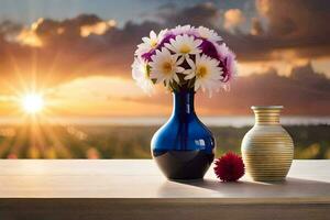 ein Vase mit Blumen und ein Vase mit ein Blume auf ein Tabelle mit ein Sonnenuntergang In. KI-generiert foto