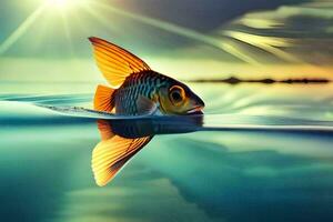 ein Fisch Schwimmen im das Wasser mit das Sonne leuchtenden. KI-generiert foto