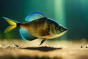 ein Fisch mit Blau und Gelb Streifen auf das Boden. KI-generiert foto