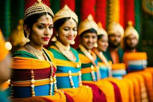 ein Gruppe von Frauen im bunt Outfits. KI-generiert foto