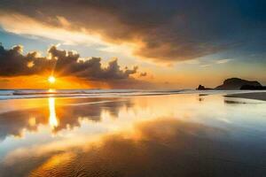 Sonnenuntergang auf das Strand, Wasser, Himmel, Wolken, hd Hintergrund. KI-generiert foto