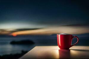 ein rot Kaffee Tasse sitzt auf ein Tabelle im Vorderseite von das Ozean. KI-generiert foto