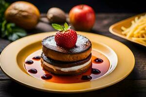 ein Teller gekrönt mit ein Stapel von Pfannkuchen und Erdbeeren. KI-generiert foto