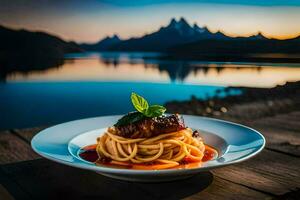 ein Teller von Spaghetti mit Fleisch und Soße auf ein hölzern Tabelle im Vorderseite von ein See. KI-generiert foto