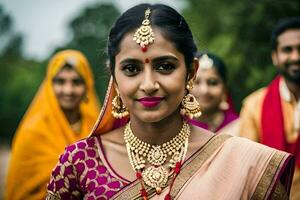 ein schön indisch Braut mit ihr Brautjungfern. KI-generiert foto