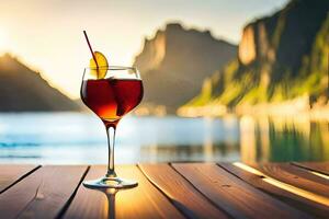 ein Glas von Wein auf ein hölzern Tabelle im Vorderseite von ein See. KI-generiert foto