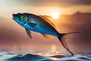 ein Fisch Springen aus von das Wasser beim Sonnenuntergang. KI-generiert foto