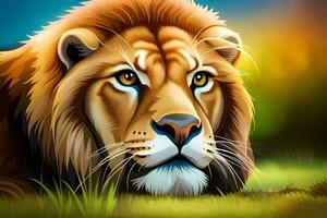 ein Löwe ist Sitzung im das Gras mit ein hell Hintergrund. KI-generiert foto