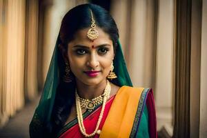 ein schön indisch Frau tragen ein bunt Sari. KI-generiert foto