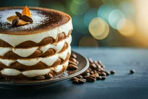 ein geschichtet Kuchen mit Sahne und Kaffee Bohnen. KI-generiert foto