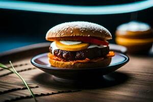 ein Burger mit Käse und Obst auf ein Platte. KI-generiert foto