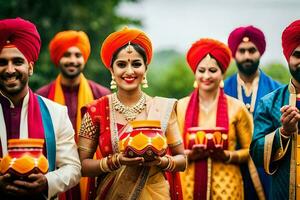 indisch Hochzeit Party mit ein Gruppe von Menschen im bunt Turbane. KI-generiert foto
