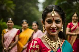 ein Frau im ein Sari posiert zum das Kamera. KI-generiert foto