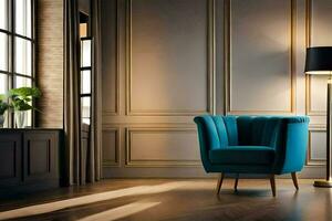 ein Blau Stuhl im ein Zimmer mit ein Lampe. KI-generiert foto