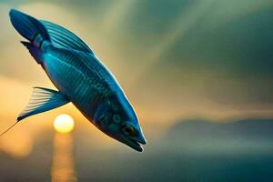 ein Fisch fliegend im das Luft beim Sonnenuntergang. KI-generiert foto