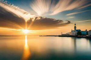 Sonnenuntergang Über das Meer mit ein Leuchtturm im das Hintergrund. KI-generiert foto