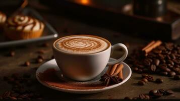 ein Tasse von Kaffee mit Latté Kunst Spiral- gestalten Schaum auf ein Tabelle mit viele Kaffee Bohnen um Es. ai generiert foto