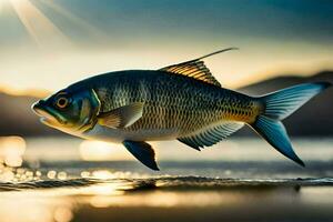 ein Fisch ist Springen aus von das Wasser beim Sonnenuntergang. KI-generiert foto